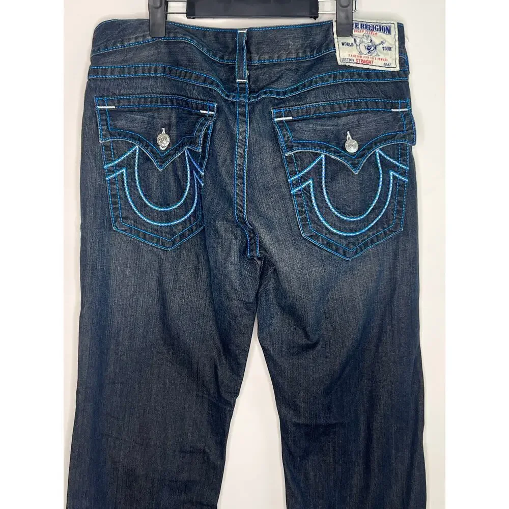 True Religion Vintage Y2K Made in USA Distressed Denim Straight Leg Jeans Sz 38